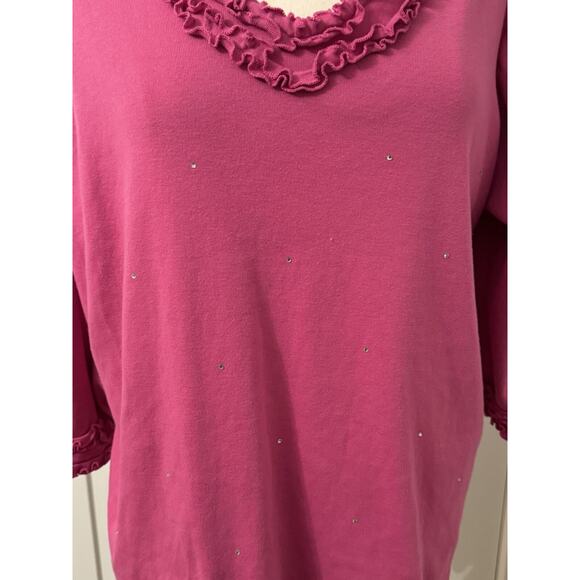 Quacker Factory Sweater Womens 1X Raspberry Pink V Neck Rhinestone Ruffle - Picture 2 of 7